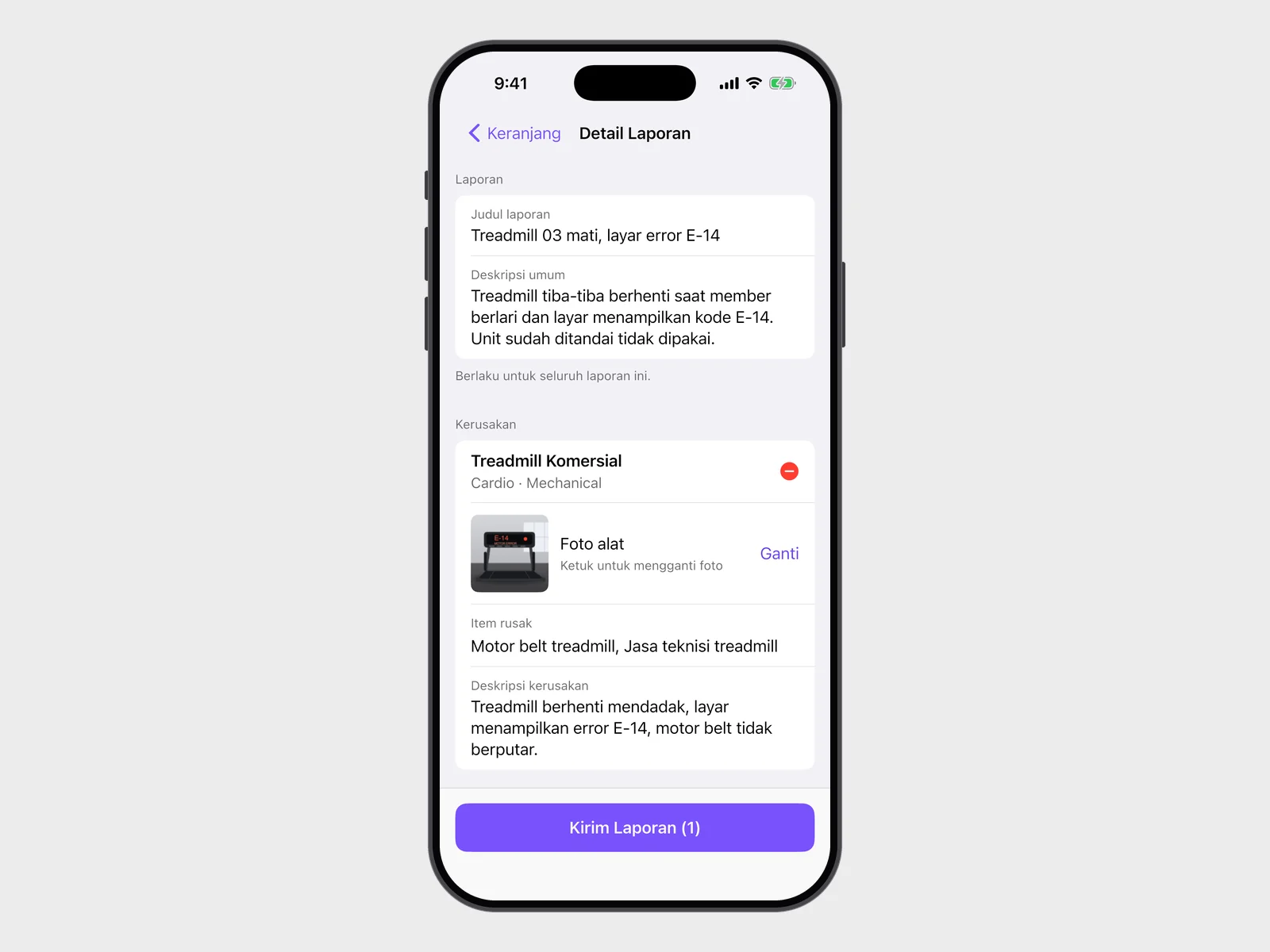 The club manager's report form in the app: a treadmill showing error E-14, with its photo attached and a Send Report button
