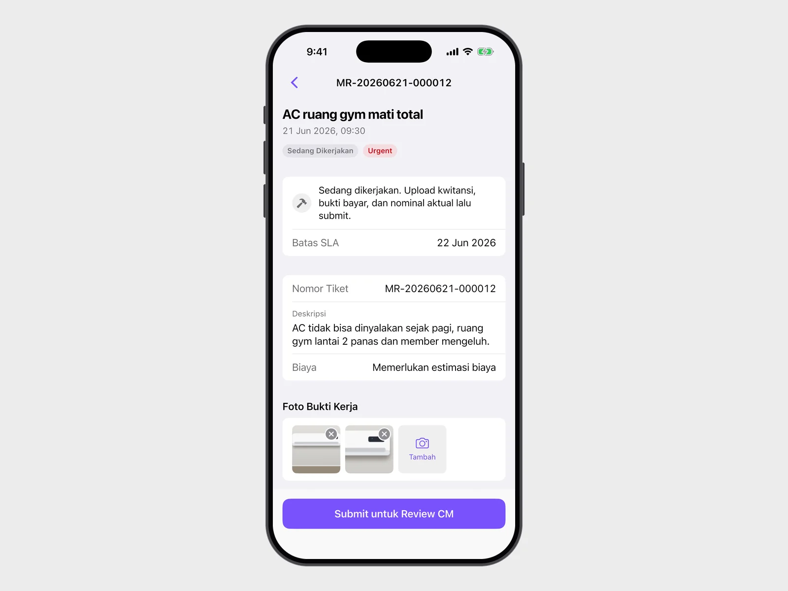 A repair ticket in the app where the technician adds proof photos of the finished work and submits them for review