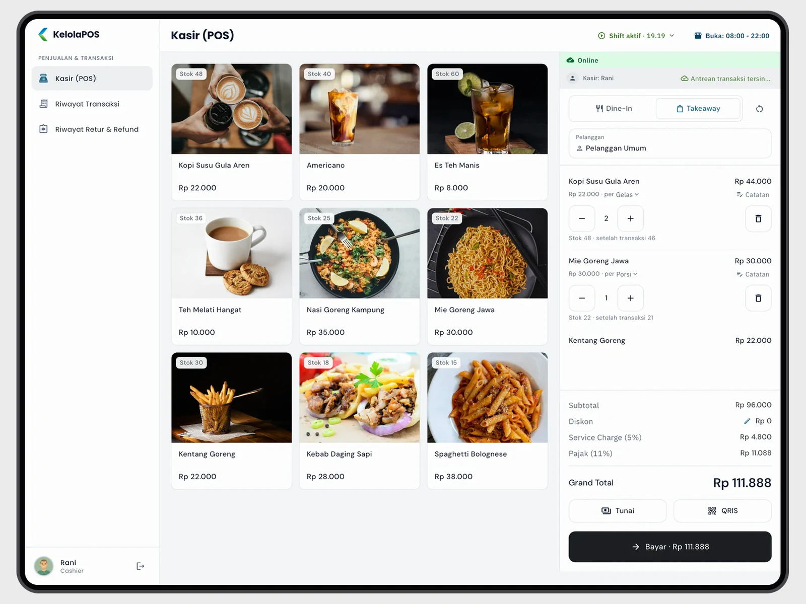 KelolaAja cashier screen on a tablet: a takeaway order of coffee, noodles and fries built from the menu grid, total Rp 111.888