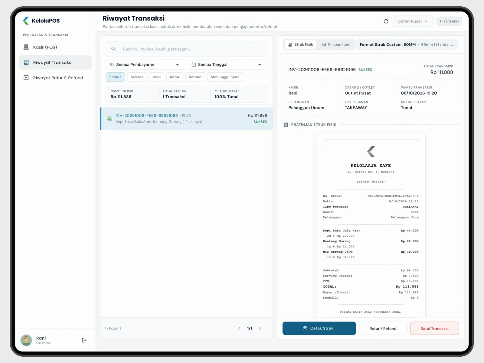 Transaction history showing the synced sale marked successful, next to a preview of its printed receipt